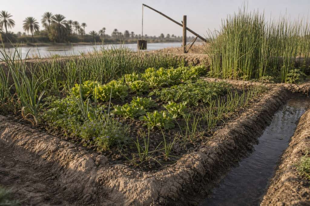 Close photorealistic Nile basin garden with wet silt, onions, lettuce, flax seedlings, low mud banks, and a wooden shaduf nearby.