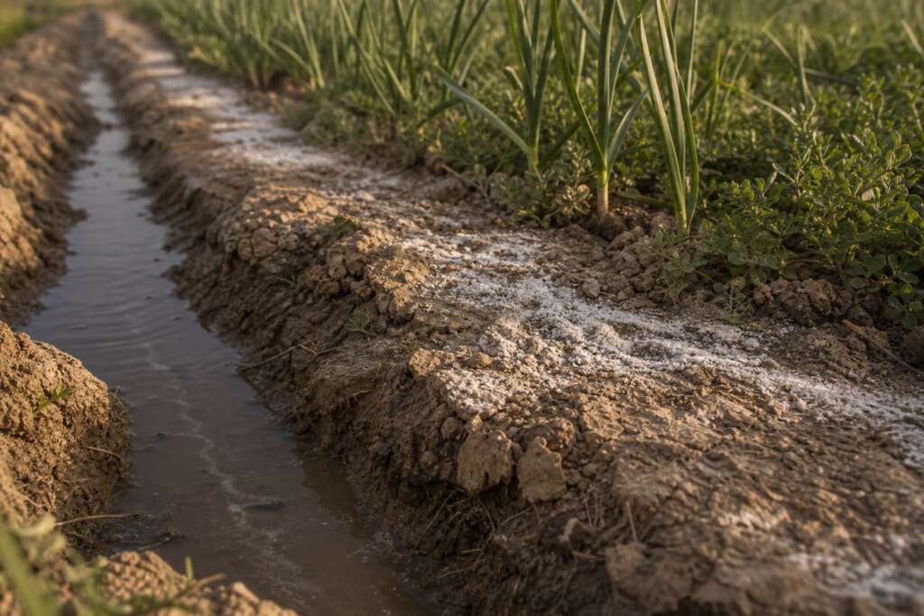Close photorealistic view of a salt-crusted earthen irrigation channel beside barley and onion rows in damp silty soil.