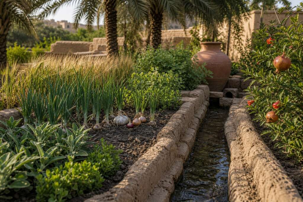 Irrigated dry-climate garden bed with barley, alliums, pomegranate, date-palm shade, and a narrow earthen channel.