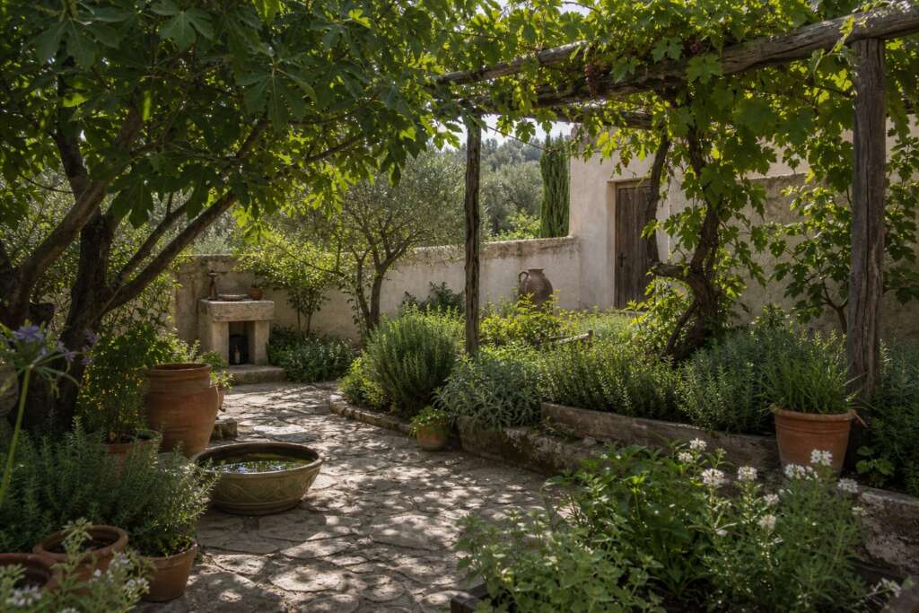 A modern Greek-inspired stone courtyard with fig shade, a grape arbor, herb pots, a water basin, and a small stone stand.