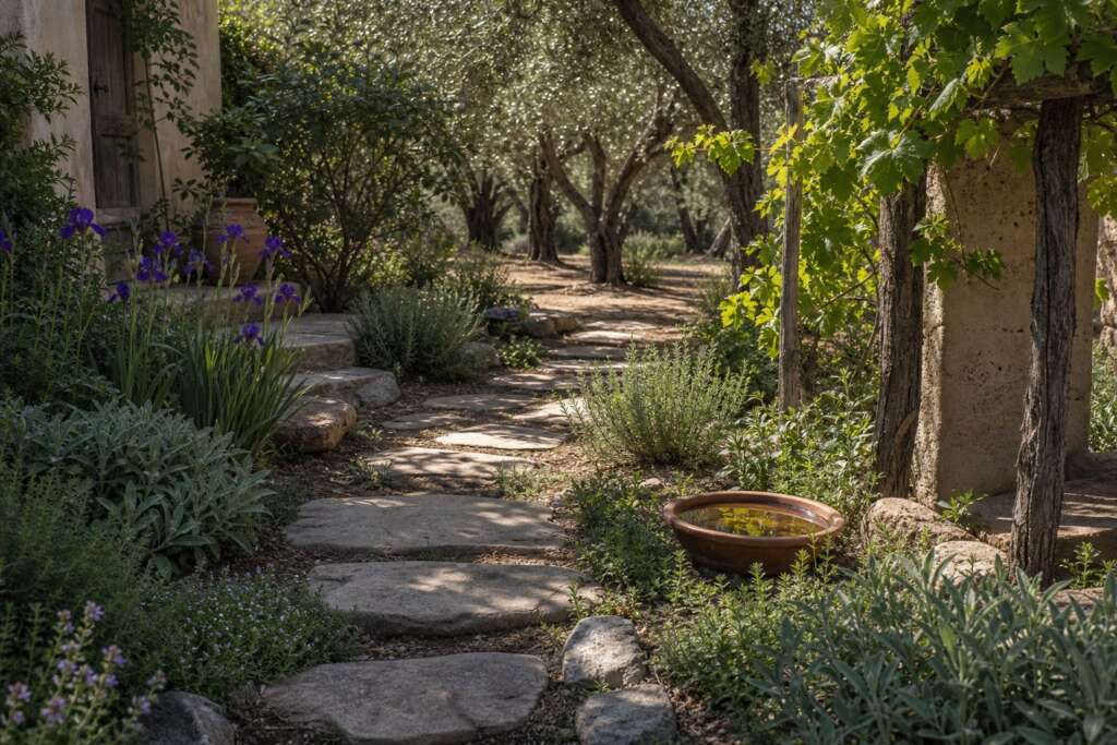 Greek-style garden threshold with stepping stones, olive shade, thyme, oregano, sage, grapevine, and a clay water bowl.