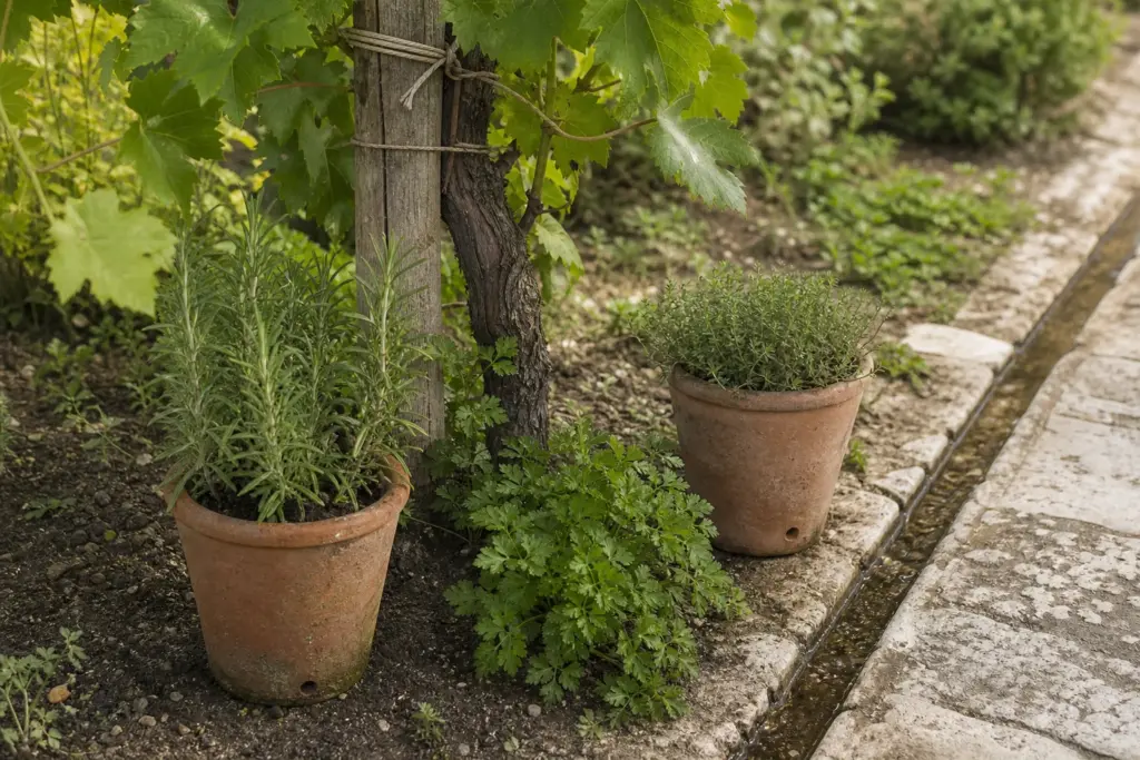 Close view of a trained grapevine, culinary plants, and terracotta planting pots beside a worn stone path.