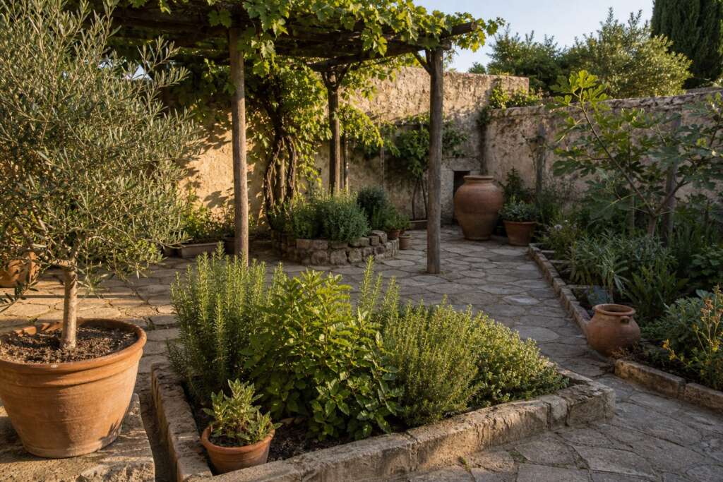 Practical Roman-inspired Mediterranean courtyard with grape arbor shade, olive, rosemary, bay, fig, herb beds, stone path, and rainwater jar.