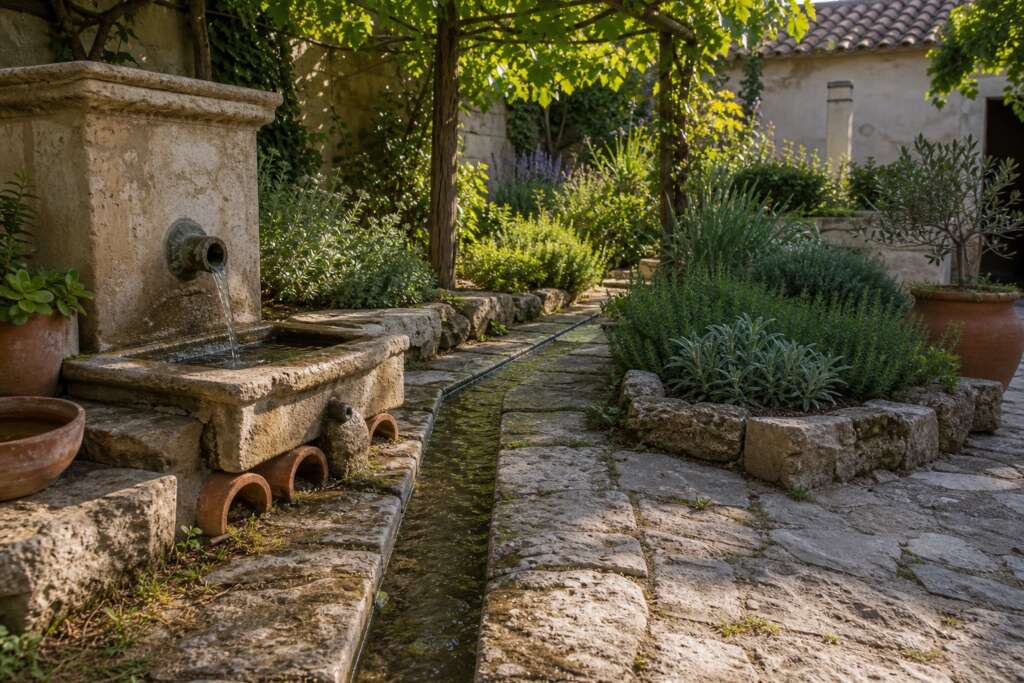 Roman-inspired garden corner with a stone rill, small cistern spout, terracotta pipe, herb beds, grape shade, and limestone paving.