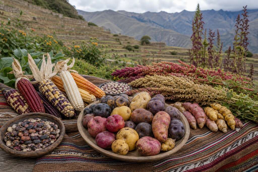 Andean harvest table with diverse potatoes, oca-like tubers, quinoa seed heads, maize, beans, and terraced fields behind.