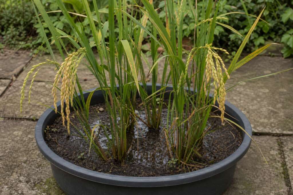 Rice plants with green and pale-gold panicles ripening in a shallow garden container.