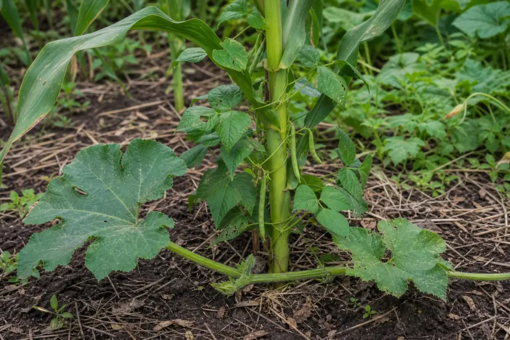 Pole bean vines winding around a sturdy corn stalk above a squash leaf at soil level.