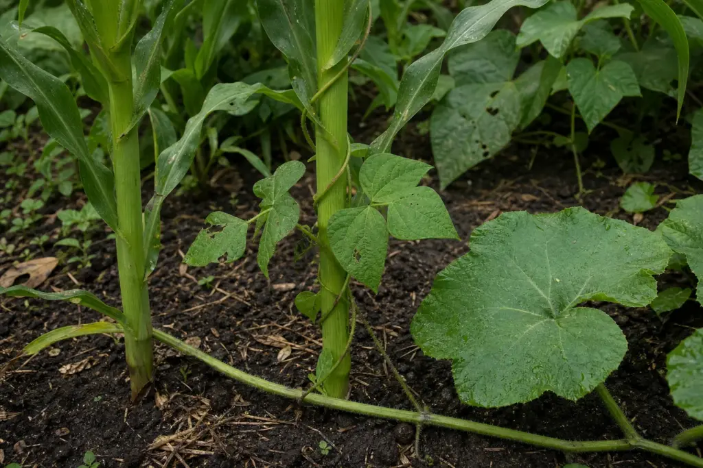 A bean vine winding around a corn stalk beside a broad winter squash leaf in a contemporary garden bed.