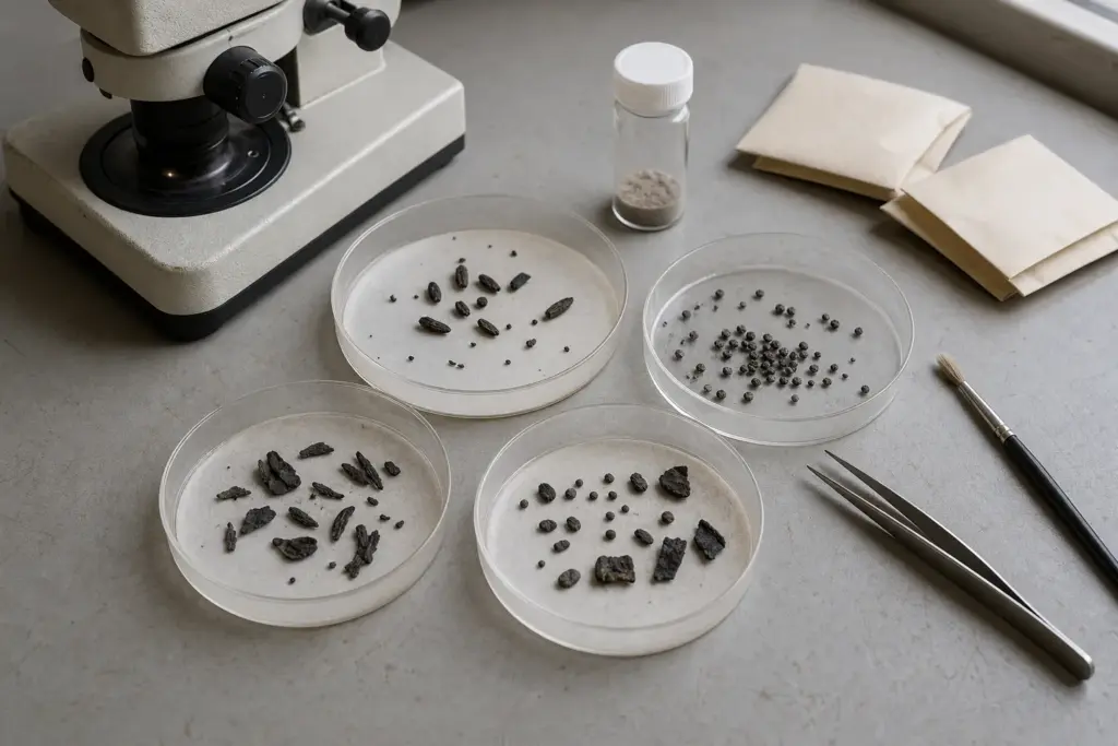 Sorting dishes with charred cereal grains, tiny millet-like seeds, chaff fragments, forceps, and a microscope on an archaeology workbench.
