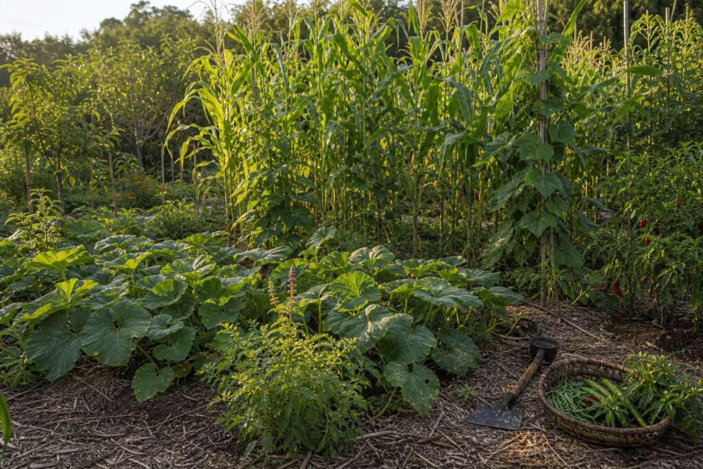 A milpa-inspired garden with maize, climbing beans, squash vines, chile plants, mulch, and young fruit trees.