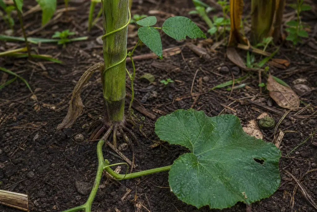 Bean vine twining around a maize stalk above a squash leaf and leaf-littered soil.