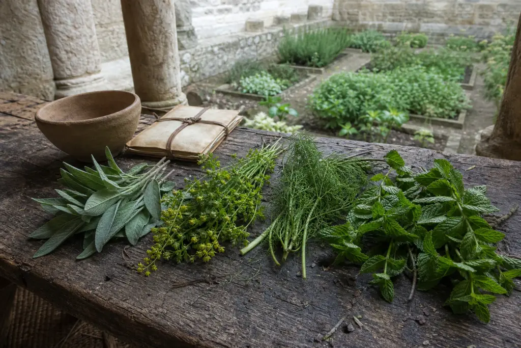 Freshly cut sage, rue, fennel, and mint arranged on a worn wooden table beside a bowl and closed parchment notebook.