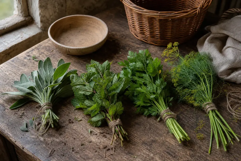 Bundles of sage, mint, parsley, and fennel sorted on a worn wooden table.