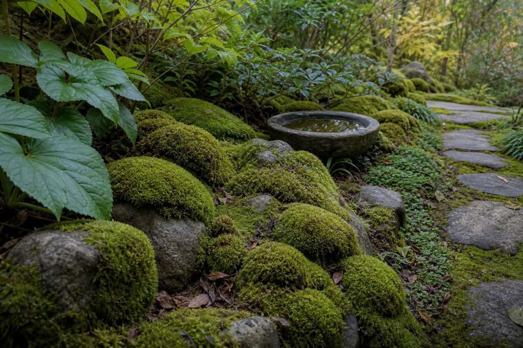 A shaded moss garden with mossy stones, a shallow stone basin, and a quiet path edge.