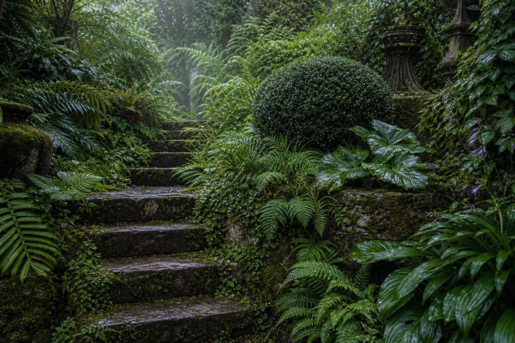 Weathered stone steps disappearing into ferns, vines, moss, and broad-leaved shade plants after rain.