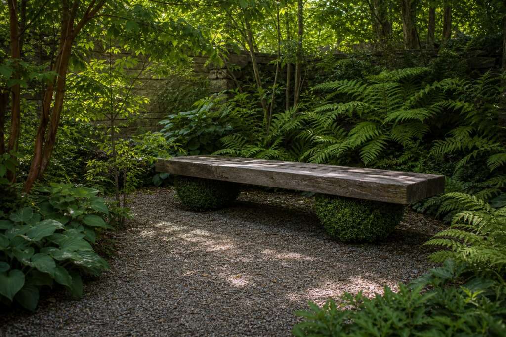 A simple garden bench appearing to hover slightly above gravel among ferns and clipped evergreen shrubs.