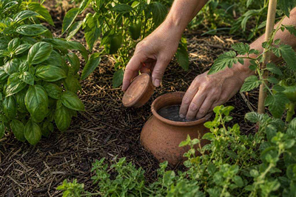 Hands checking water inside a buried clay olla among herbs, mulch, and vegetable leaves.