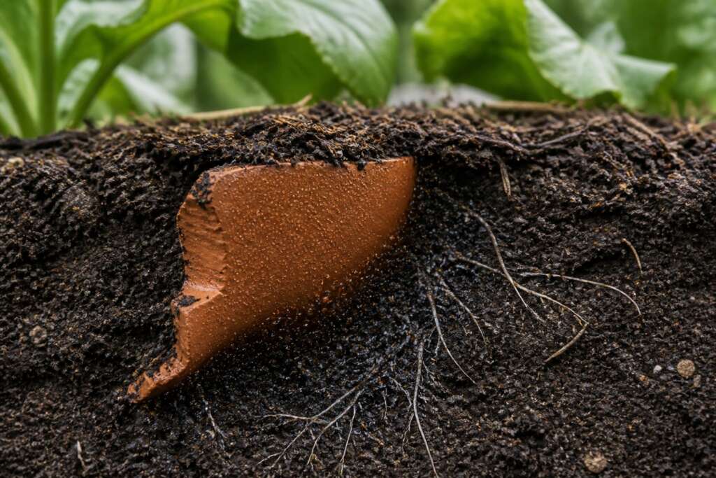 A close view of unglazed terracotta partly buried in damp garden soil with fine roots nearby.