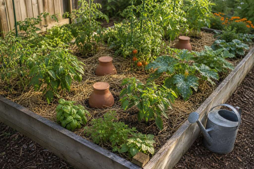 A raised vegetable bed with several capped clay ollas, straw mulch, vegetables, and a watering can.