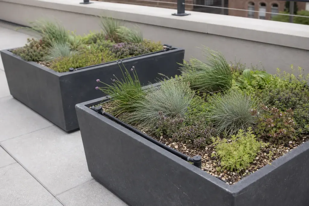 Low rectangular rooftop planters with chives, thyme, fescue, sedum, and clipped drip irrigation.