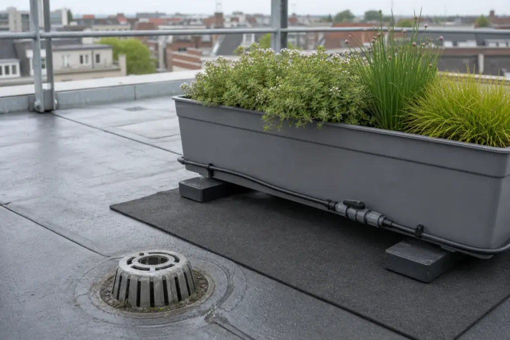 Rooftop drain, protected roof membrane, raised planter, and drip irrigation line beside wind-tough plants.