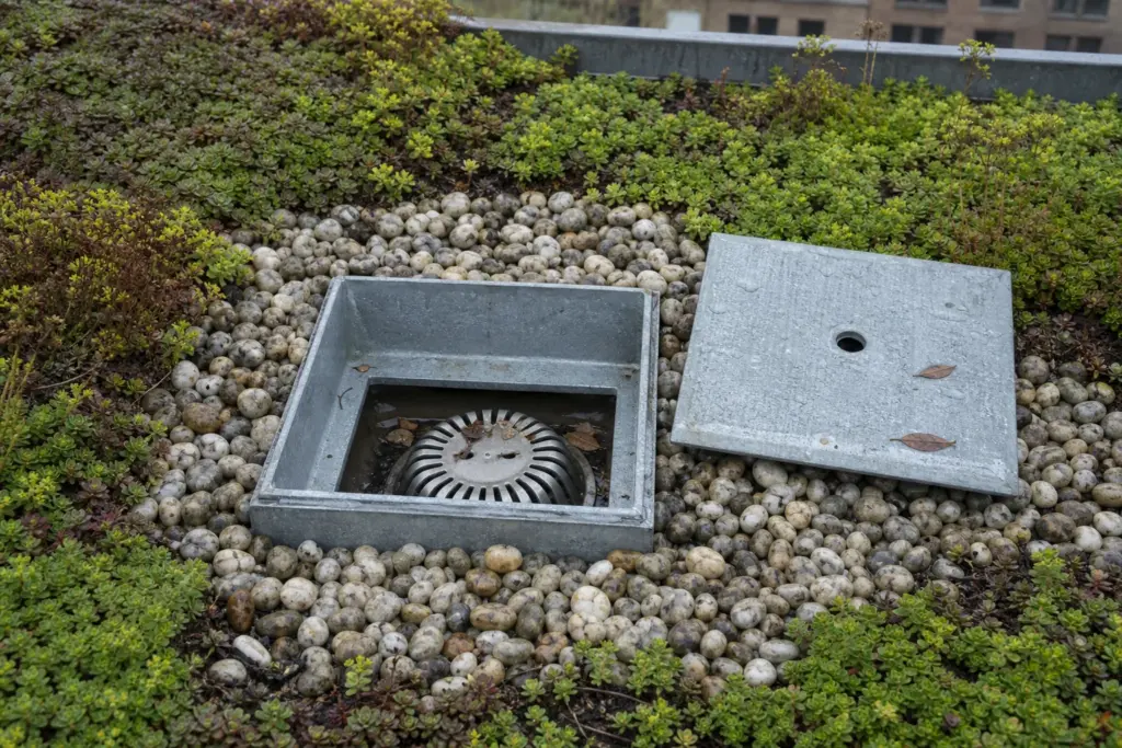 Open square roof-drain inspection chamber surrounded by gravel and low sedum after rain.
