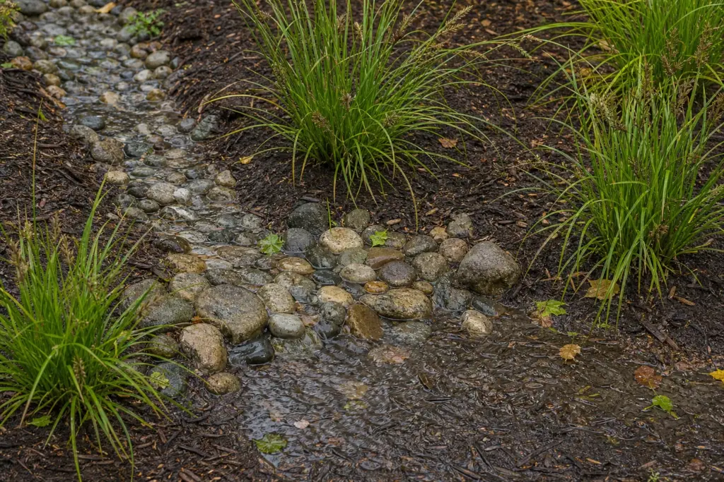 Shallow runoff moving through a stone-lined rain garden inlet between sedge clumps.