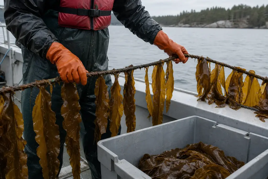 A seaweed farmer in orange gloves lifts a wet sugar-kelp grow line over a workboat beside a harvest tote.