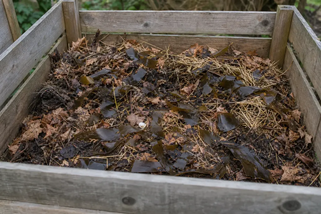 Brown seaweed ribbons mixed with dry leaves and straw in a wooden compost bay.