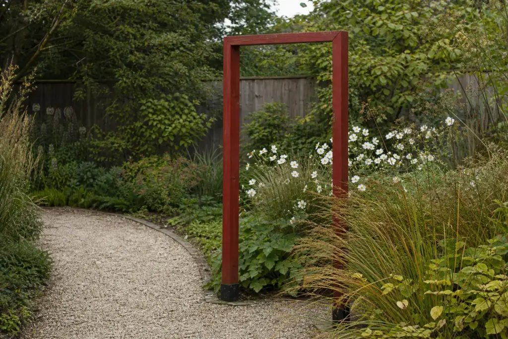 Weathered red open frame beside a gravel path, loose grasses, and white flowers.