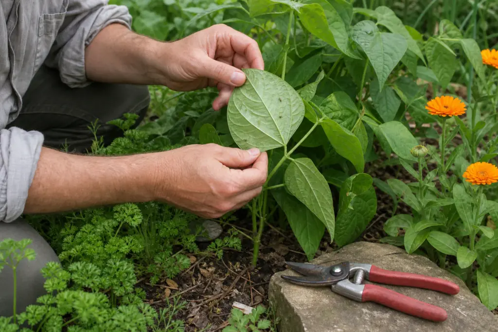 A gardener turns over a bean leaf to inspect its underside while bypass pruners rest on a stone.