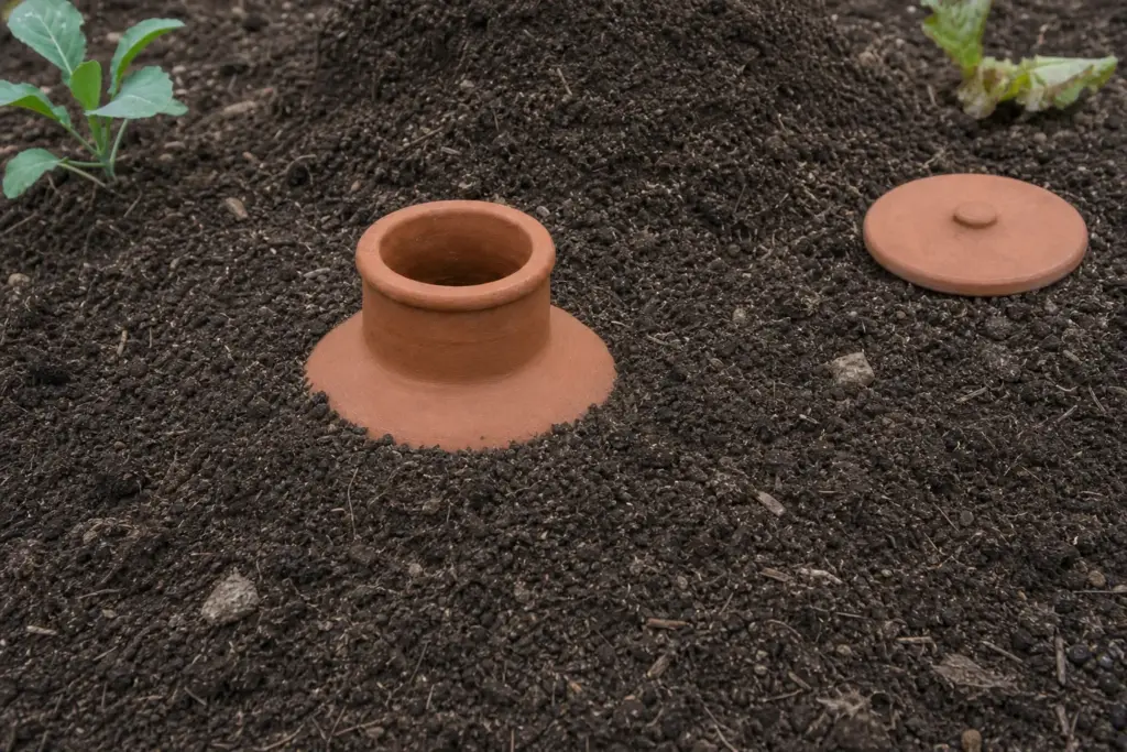 A partly buried unglazed terracotta olla with loose soil backfill and its lid beside the opening.