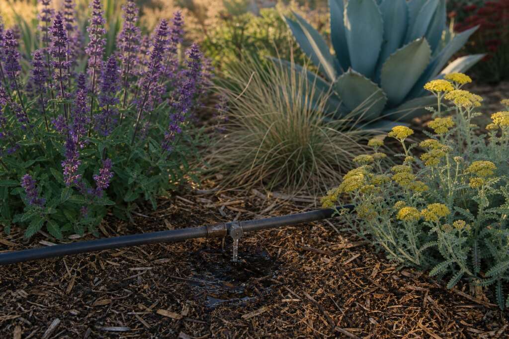 A drip emitter watering the mulched root zone among salvia, yarrow, agave, and ornamental grass.