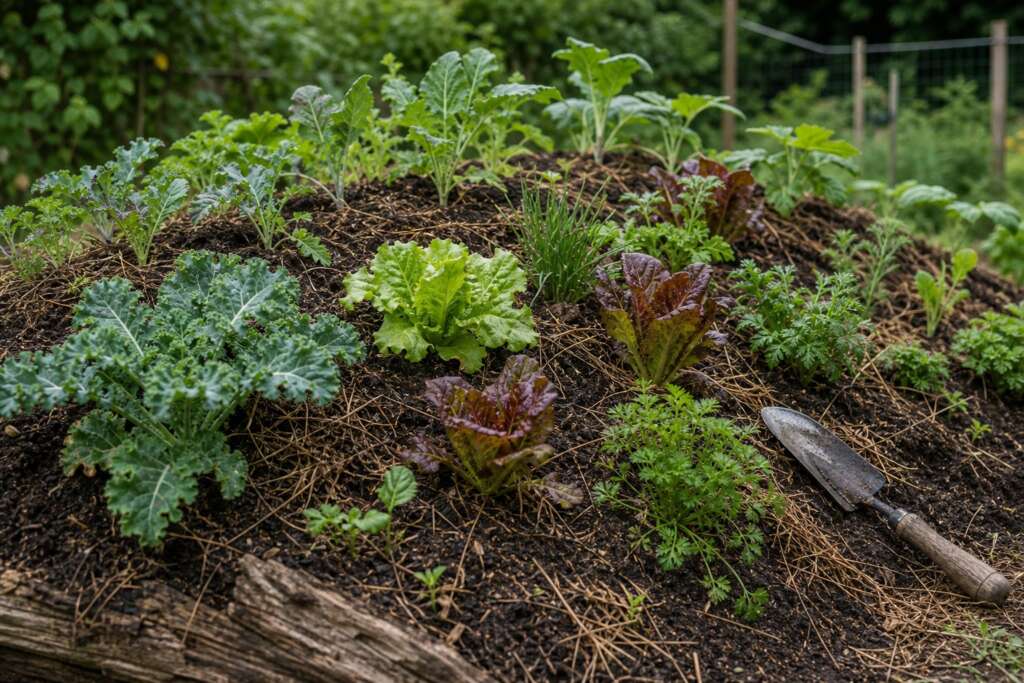 Young kale, lettuce, and herb seedlings growing in the compost-rich top layer of a hugelkultur mound.