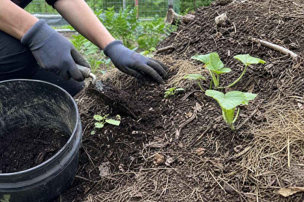 Gloved hands add finished compost and straw mulch around young seedlings on the side of a settled hugelkultur mound.