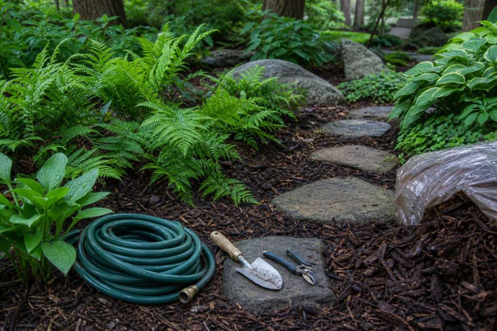 A coiled hose, trowel, pruners, mulch, ferns, and stepping stones in a shaded garden bed.
