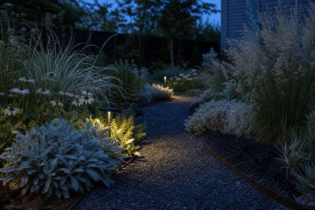 A twilight gravel garden path with silver foliage, white flowers, dark edging plants, grasses, and low shielded path lights.