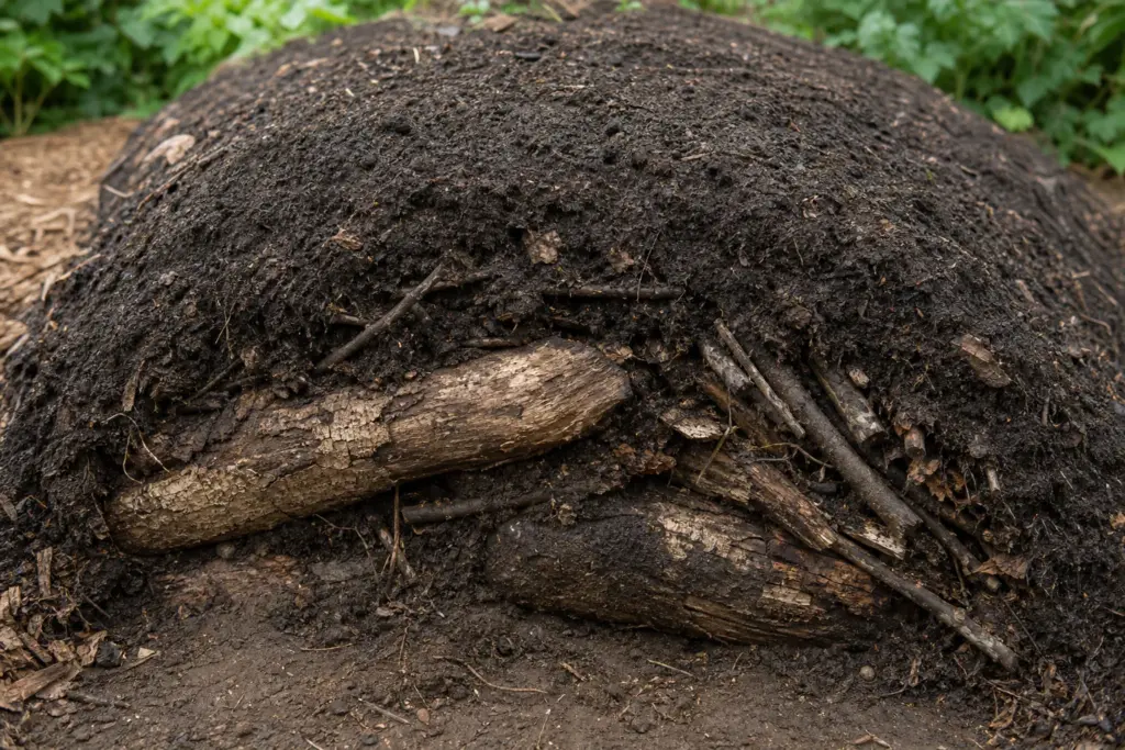Close view of a low hugelkultur bed with decayed logs, twiggy branches, and a deep layer of loam above.