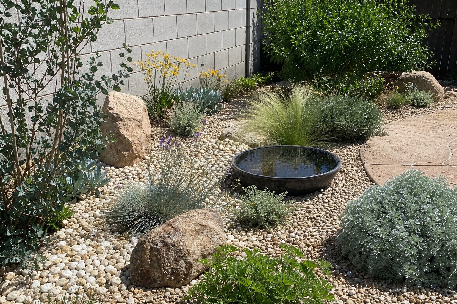 A sunny gravel garden with blue-gray foliage, ornamental grasses, rounded rocks, and a shallow water bowl.