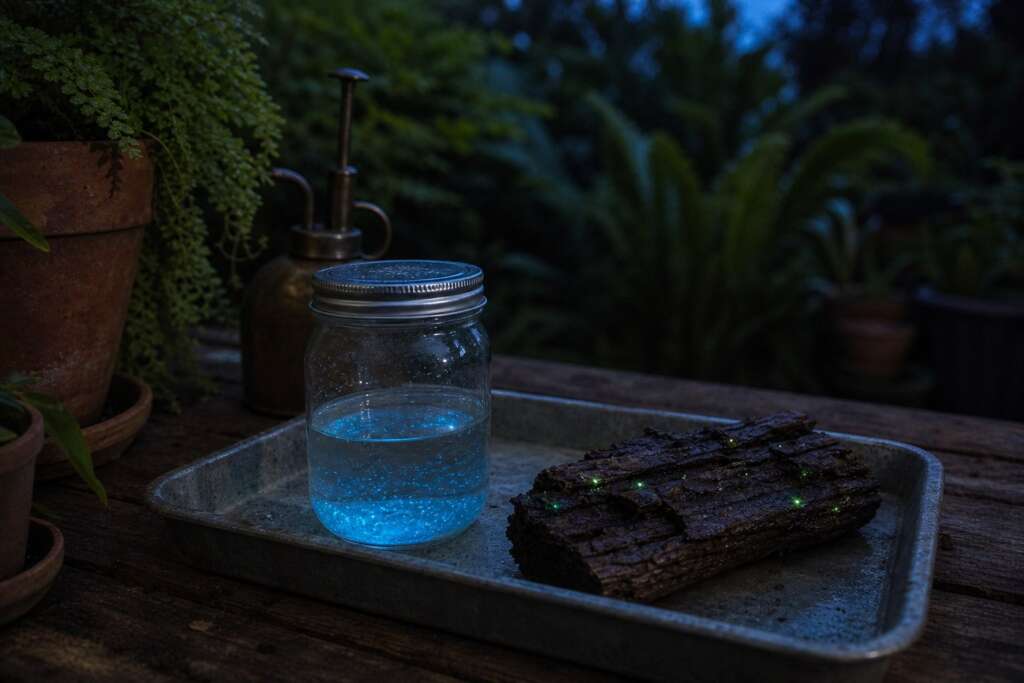 Sealed glass jar of blue bioluminescent culture and damp wood with faint green foxfire on a garden bench at dusk.