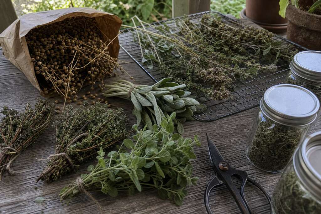 Bundles of sage, thyme, oregano, seed heads, jars, scissors, and a drying rack on a shaded porch table.