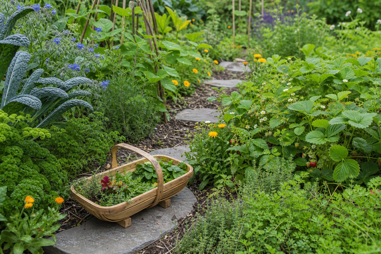 A harvest basket on stepping stones beside kale, herbs, strawberries, borage, calendula, and bean supports in an edible garden border.