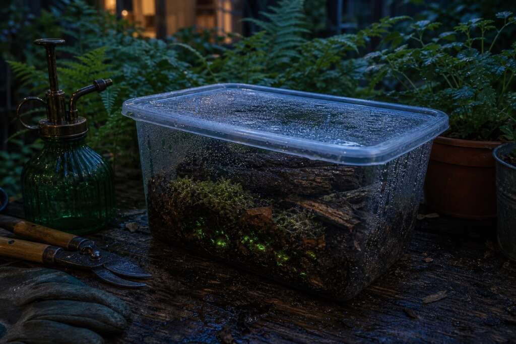 Covered plastic humidity box holding damp wood and moss on a potting bench with faint green glow inside.