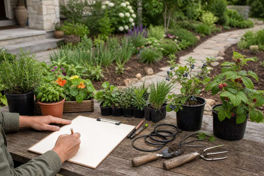 A blank planting plan on a garden table surrounded by young edible plants, hand tools, and irrigation pieces.