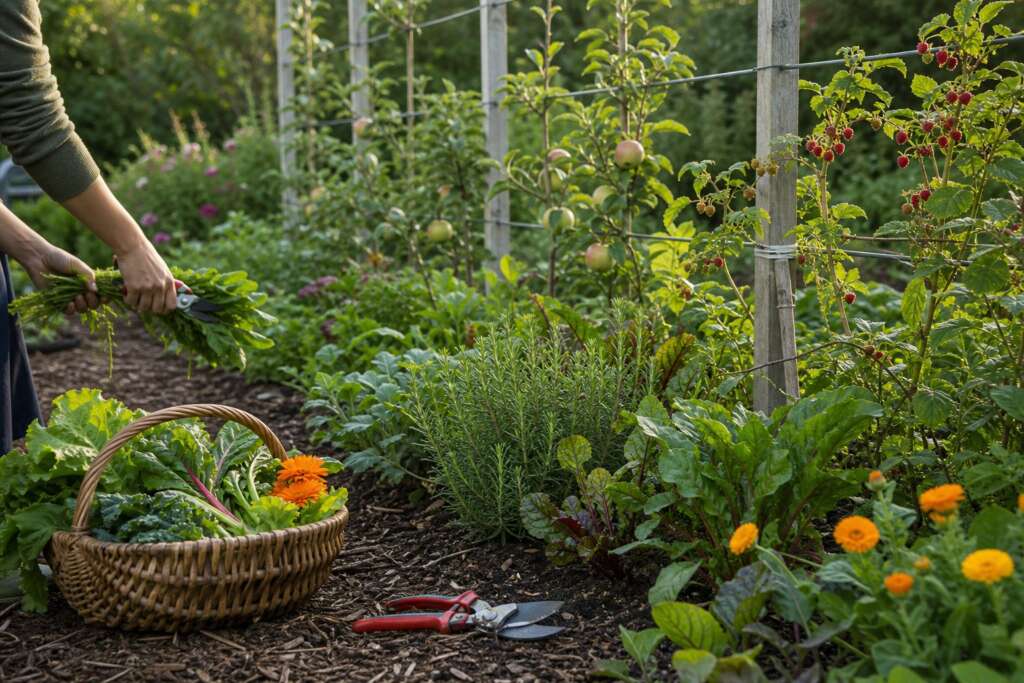 A harvest basket and pruning tools in a mixed edible border with herbs, greens, flowers, and young fruit trees.