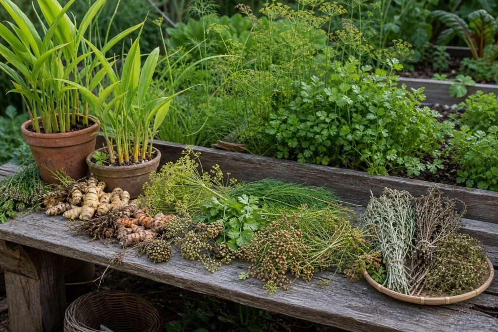 Potted spice plants, rhizomes, seedheads, and herbs arranged on a rustic garden bench.