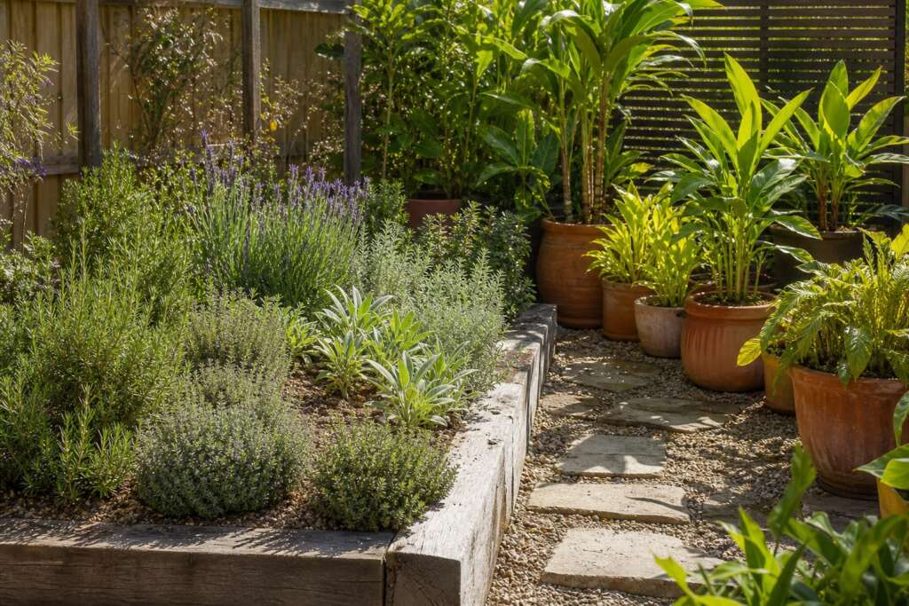 Terracotta containers of tropical spice plants beside a sunny bed of lavender, rosemary, and other dry-site herbs.
