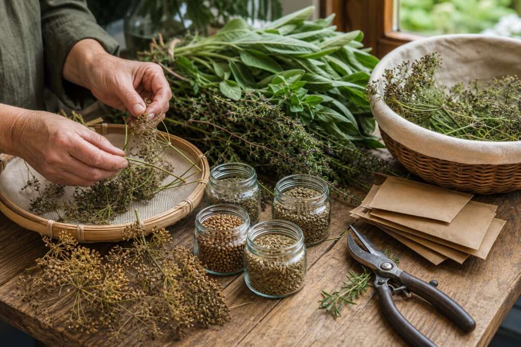 Hands sorting dried herbs into glass jars beside paper envelopes and garden scissors.