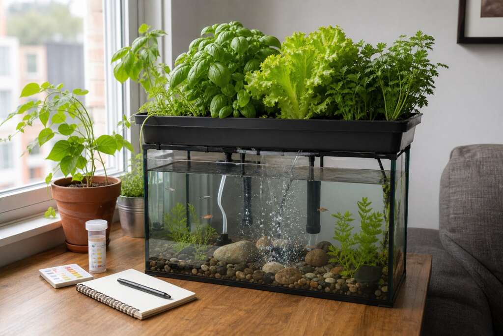 Compact apartment aquaponics system by a window with herbs, lettuce, fish, tubing, bubbles, and a water test kit.