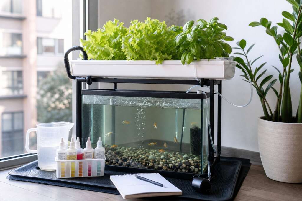 An apartment aquaponics setup beside a window with lettuce and basil in a white NFT channel, a small fish tank, tubing, aeration, a water test kit, and a notebook on a waterproof mat.